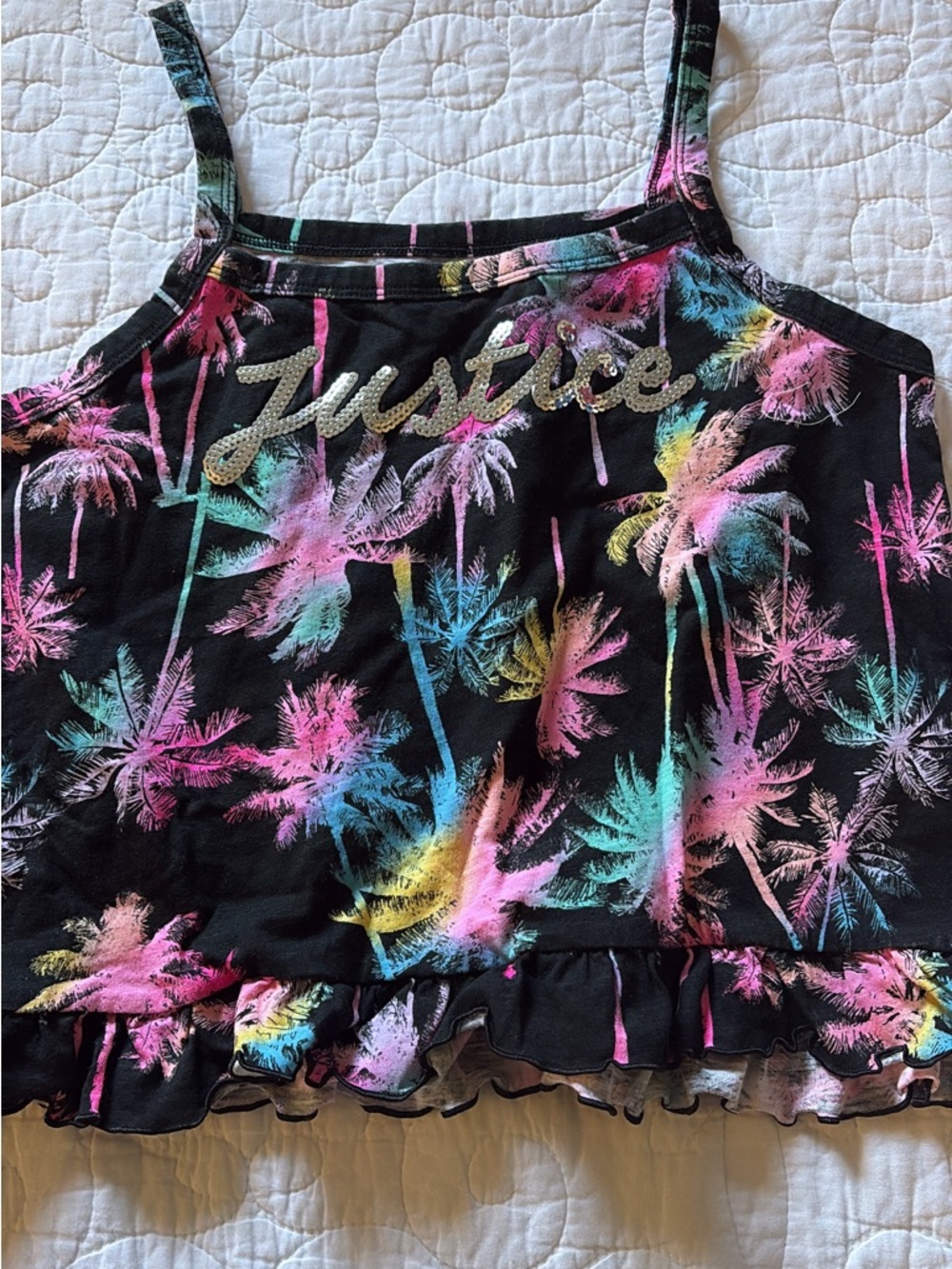 Justice Black Neon Palm Ruffle Tank with Glitter Logo